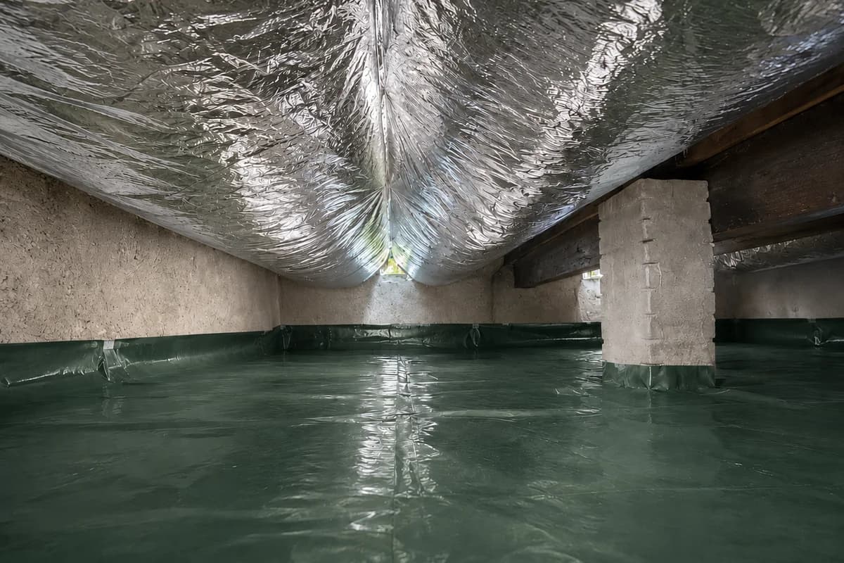 Dunne hangende aluminium isolatie onder de vloer in een kruipruimte
