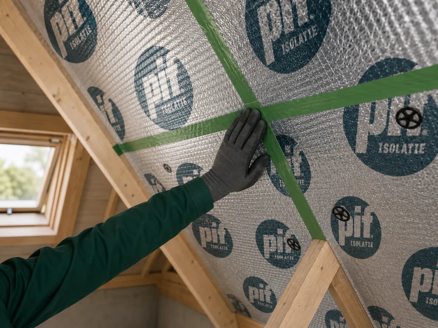 Detail van PIF isolatiefolie met afgedichte naden tegen een schuin dak