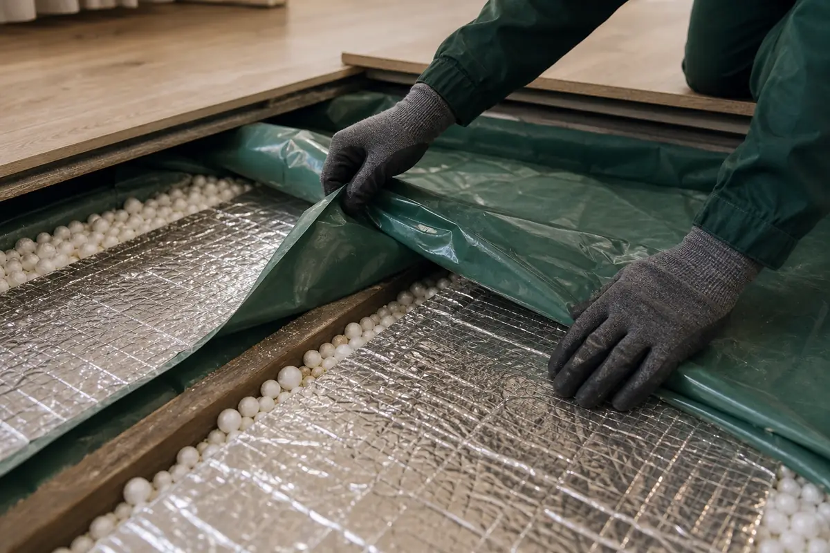 Detail van isolatiemateriaal voor vloerisolatie onder de begane grond