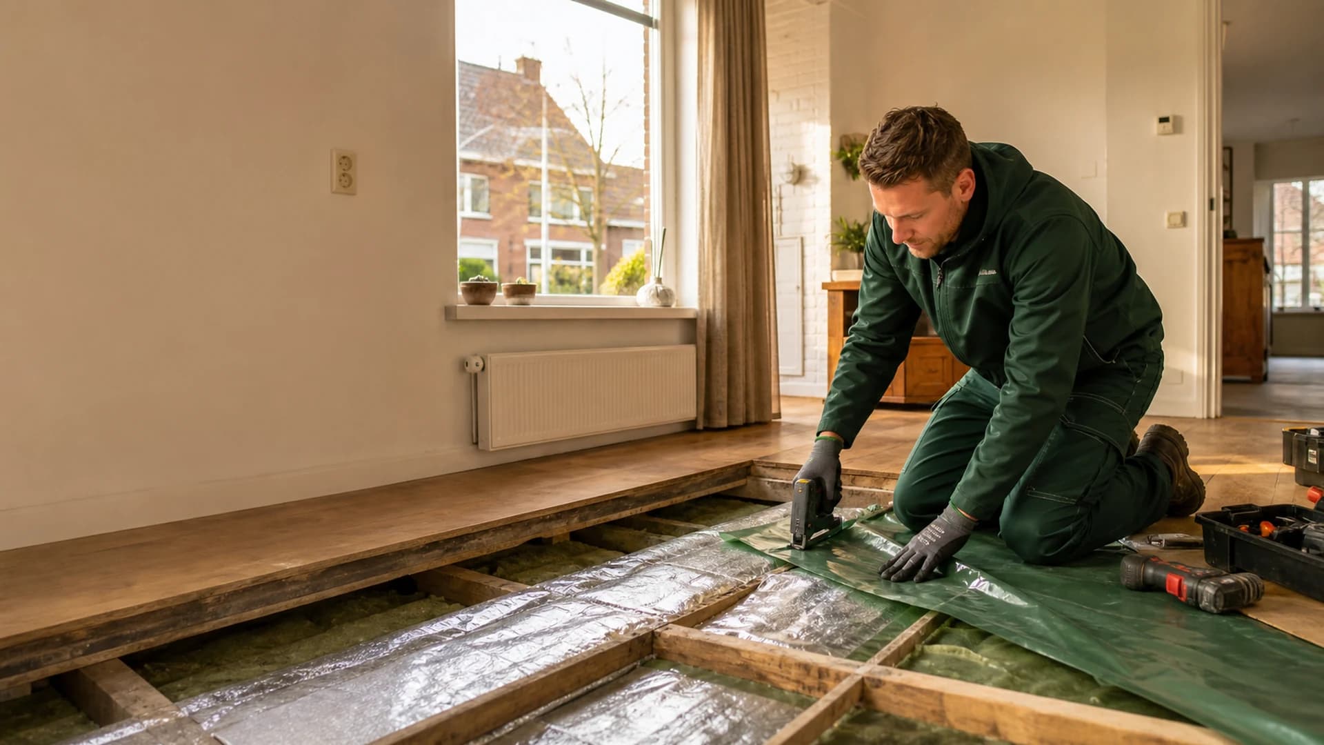 Vakman van Isolatie Professionals voert vloerisolatie uit in een woning in Uden